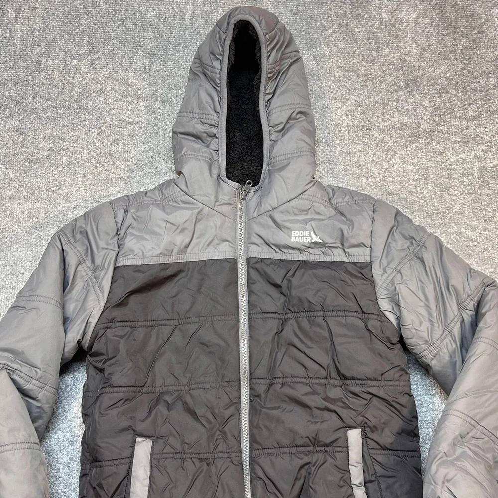 Eddie Bauer Jacket Kids Medium 10/12 Gray Hooded Fleece Lined Puffer Winter